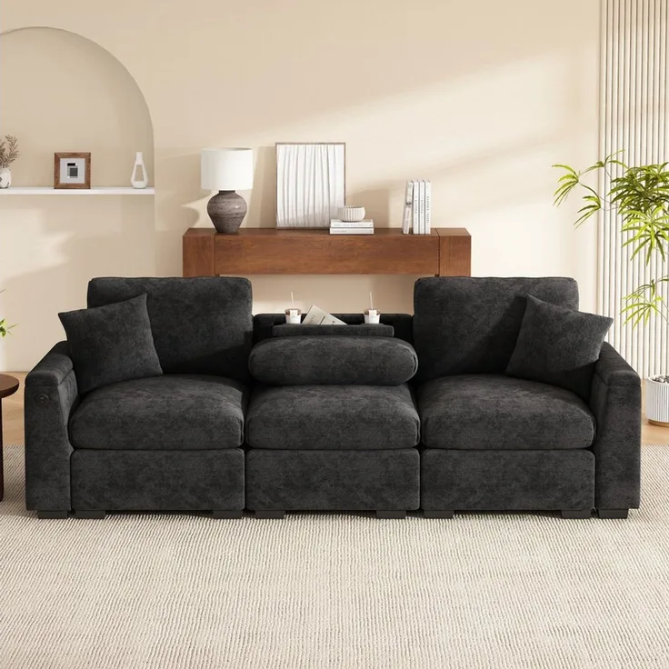 Merax 3-Sitzer Sofa aus weichem Chenille, Multifunktionssofa mit USB-Anschluss, für Wohnzimmer, Büro und Heimkino 1 Teile, XXL Sofa mit klappbarer Rückenlehne, Getränkehalter & Stauraum