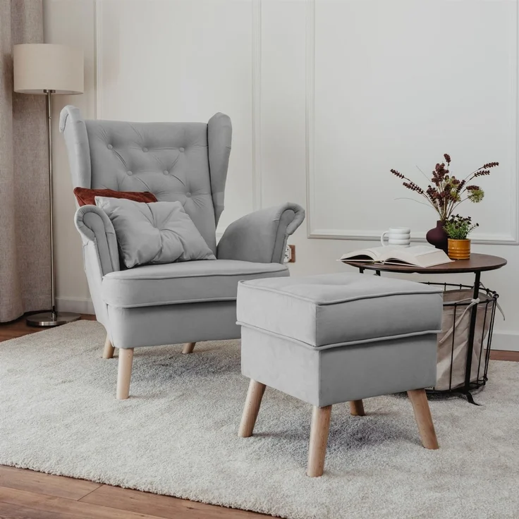 Sessel Ohrensessel ALISON inkl. Hocker in Stoff Trinity Hellgrau – Bild 1