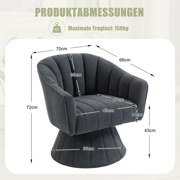 LVHOM Drehsessel Loungesessel, 360°-Drehung, Gästestuhl, runder Fuß, robust und stabil (Corduroy, dickes Sitzkissen und umlaufende Rückenlehne, ​​ergonomisch, Belastbar bis 150 kg), geeignet für Wohnzimmer, Schlafzimmer, Büros, Wartezimmer,Hotellobbys – Bild 2