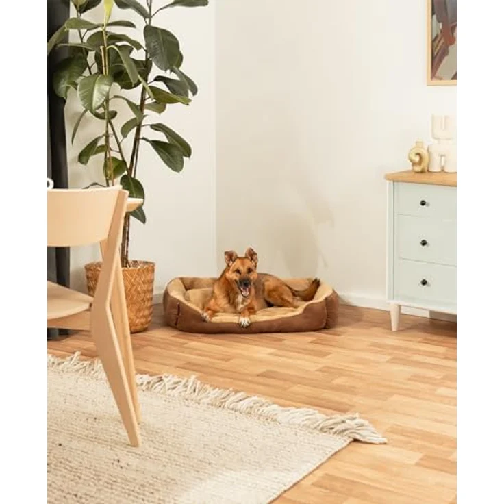 lionto Hundebett mit Wendekissen und Rutschfester Unterseite, Robustes Heimtierkissen mit tiefem Einstieg für Hunde und Katzen jeden Alters, 90x70 cm, kuscheliges Hundekissen, braun/beige – Bild 3