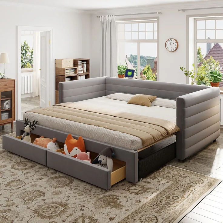 Merax Einzelbett Polsterbett 90 x 190cm/180 x 190cm Schlafsofa mit Ausziehbett, Tagesbett Daybett mit 2 Schubladen, Sofabett mit Lattenrost, Veloursstoff, grau