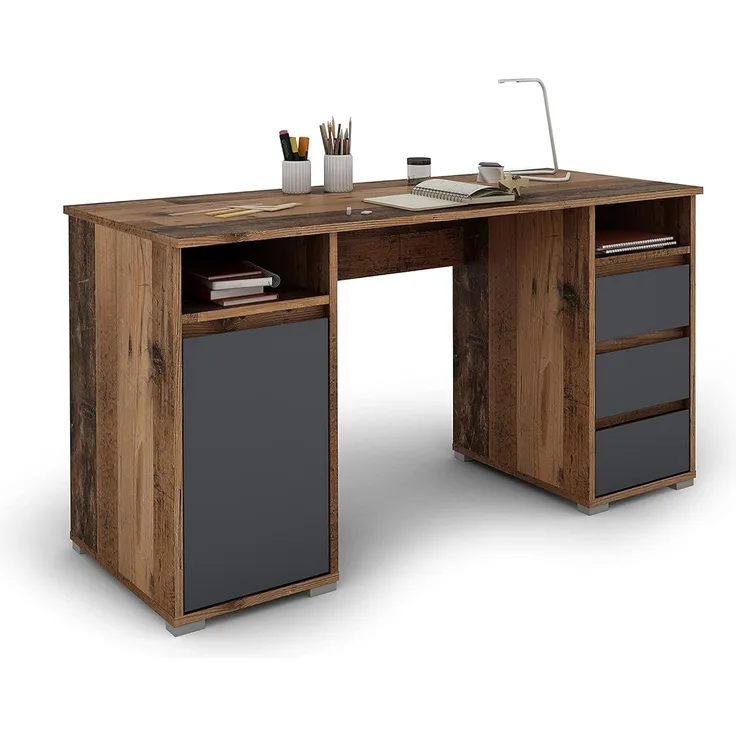 byLiving 'Lobo' Schreibtisch in Altholz-Look, mit 3 Schubladen, 1 Tür und 2 offene Fächer, Braun/Anthrazit, 138 x 75 x 55 cm