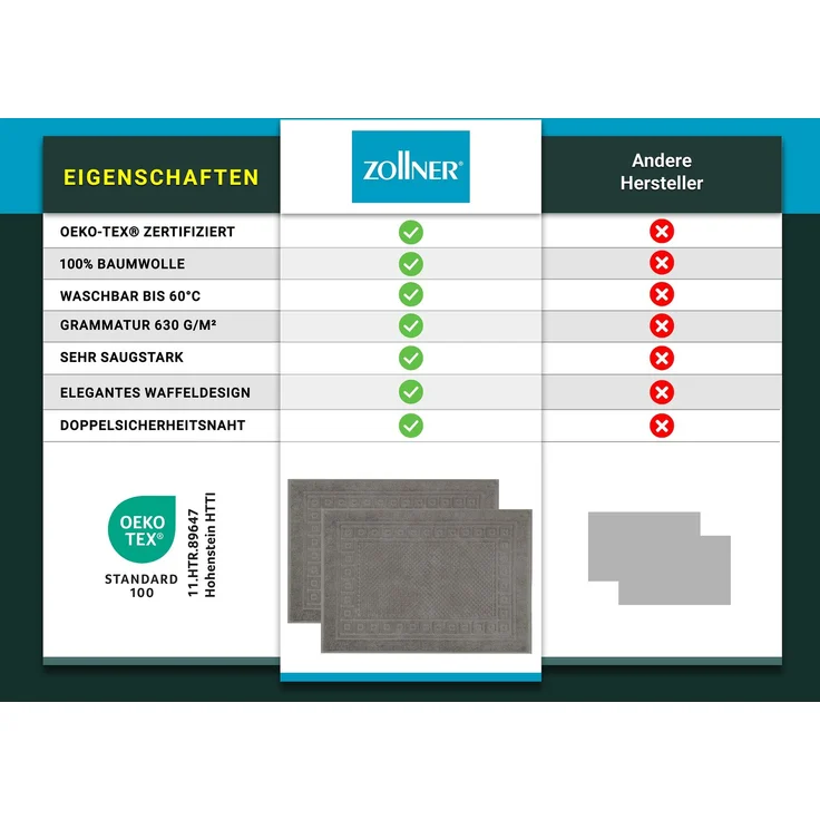 ZOLLNER 2er Set Badematte Badvorleger mit Waffelmuster, 100% Baumwolle, 50x70 cm, grau – Bild 6