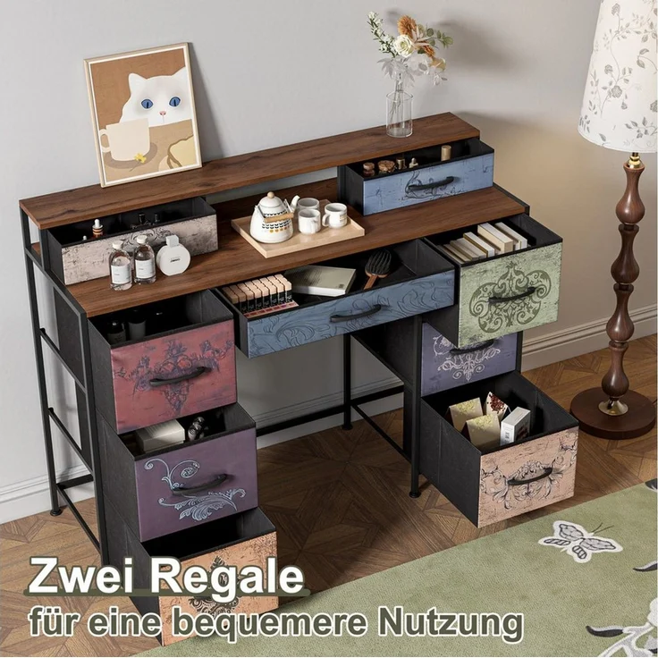 Simurq Schminktisch Schminktisch mit 9 Schubladen, 121 cm Kosmetiktisch (Kommode mit viel Stauraum, Vintage Schminktisch), Mehrzweck-Schreibtisch, Arbeitstisch Schlafzimmer – Bild 4