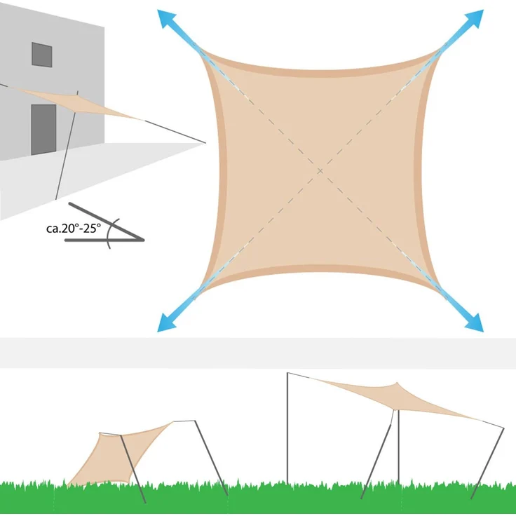 2x2m UV Sonnensegel Atmungsaktiv mit Befestigung Beige – Bild 9