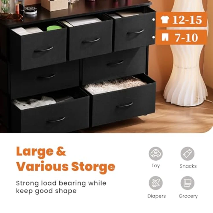DUMOS Kommode für Schlafzimmer mit 7 Stoffschubladen hohe Kommode Organizer für Kleidung Schrank Kinderzimmer Aufbewahrungsturm mit Schrank Metallrahmen Holzplatte leichte Kinderzimmermöbel – Bild 5