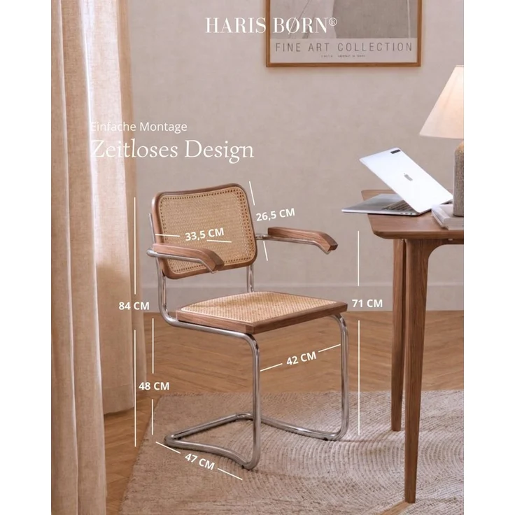 Haris Børn Freischwinger Wiener Geflecht SKØR - Handgefertigt in Italien - Premium Schwingstuhl (Set, 2 St), Walnuss mit Armlehnen - Freischwinger Stühle - Rattanstühle Esszimmer – Bild 2