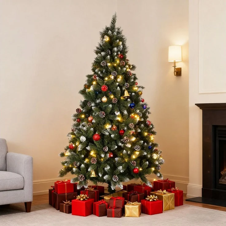 oyajia Künstlicher Weihnachtsbaum Künstlicher Weihnachtsbaum aus PVC,mit Schnee-Effekt, Holzständer, Christbaum Künstlich, Schwer entflammbarer Tannenbaum Künstlich, 1400 Zweige, 35 Zapfen – Bild 3