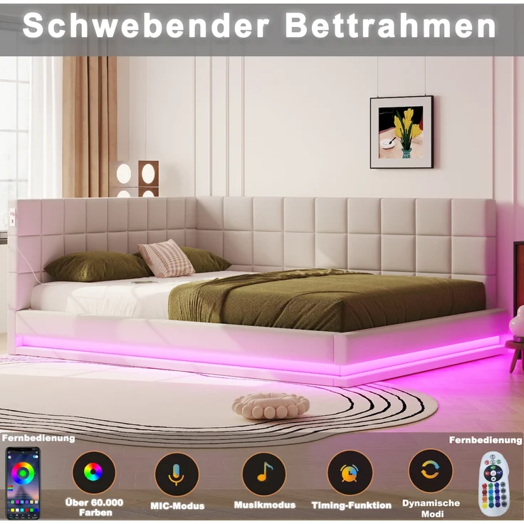 Polsterbett, Schlafsofa Multifunktionsbett mit LED-Lichtleiste USB Steckdose Lattenrost, Samt, Beige, 160x200cm – Bild 4