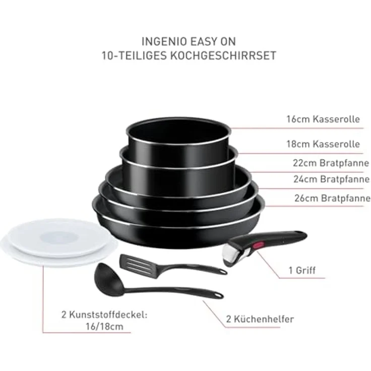 Tefal Ingenio Easy On 10-tlg. Kochgeschirr-Set, 3x Pfannen (22, 24, 26 cm), 2x Kasserollen mit Deckel (16, 18 cm), 2x Küchenhelfer, 1x abnehmbarer Griff, stapelbar, Thermo-Signal, Schwarz, L1599902 – Bild 2