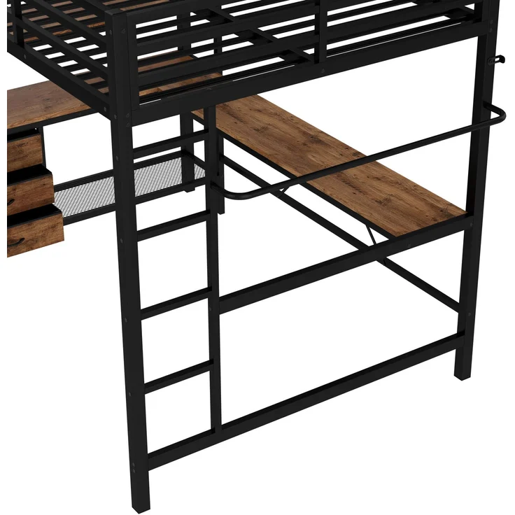 EINHOM Hochbett, 140 x 200 cm, mit LED-Leuchten, Schreibtisch, Steckdose + USB, 3 Schubladen, Regale, Geländer, Treppe, Schwarz (Ohne Matratze) – Bild 6