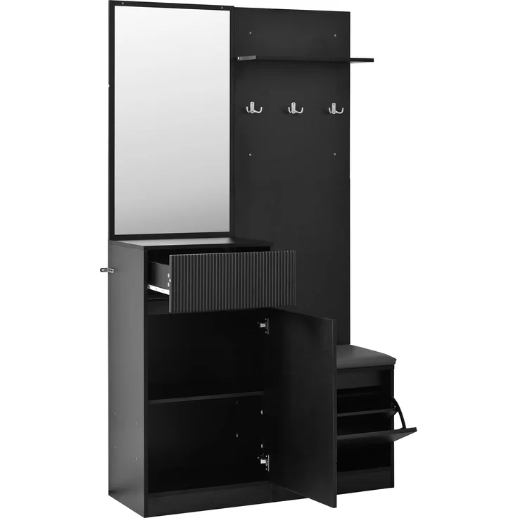 Kompaktgarderobe 105 x 38 x 190 cm in Schwarz mit Spiegel, Sitzbank und LED-Beleuchtung – Bild 9