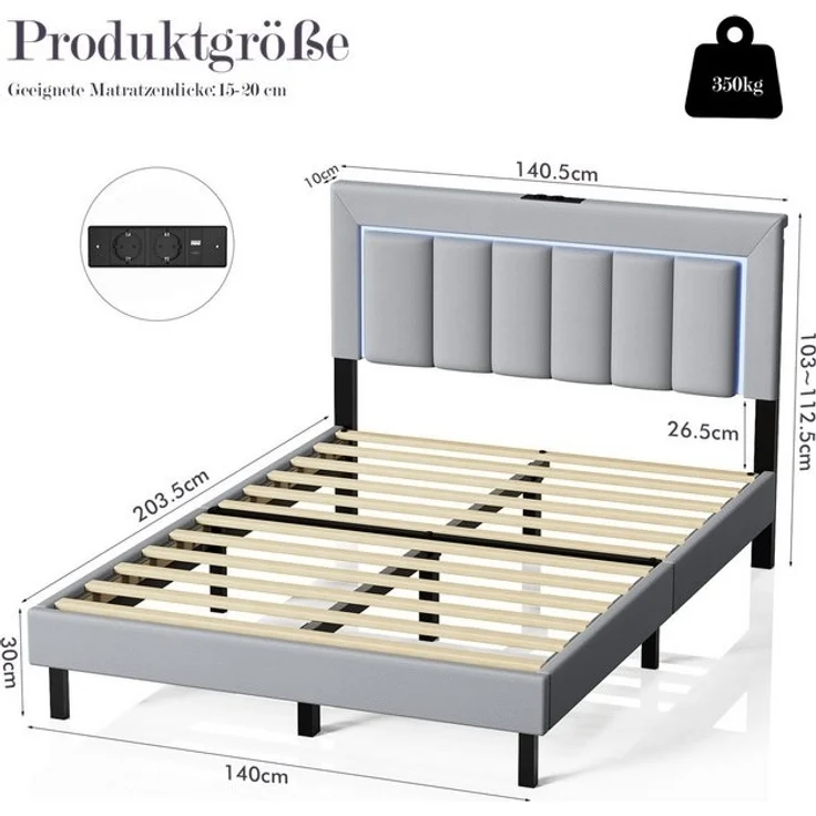 oyajia Polsterbett Bett Kinderbett Polsterbet Gästebett (Mit Lattenrost,PU-Leder material Polsterbett,Kinderbett, Kopfteil hochstellbar), mit LED-Beleuchtung, Ladefunktion,App/Fernbedienung – Bild 4