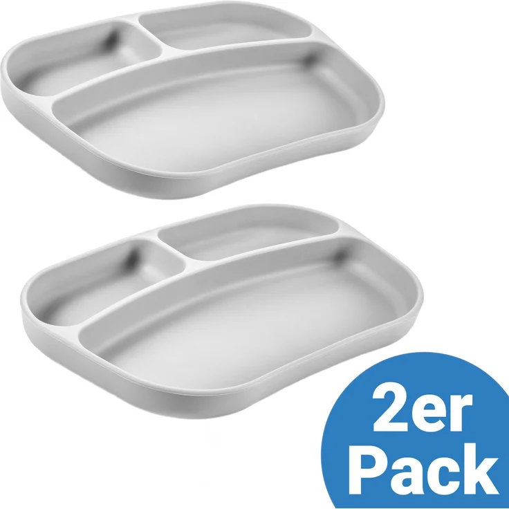 MiaMia Esslern-Teller 2er Pack, Silikon mit rutschhemmender Unterteilung für Brei, Obst und Gemüse, Grau
