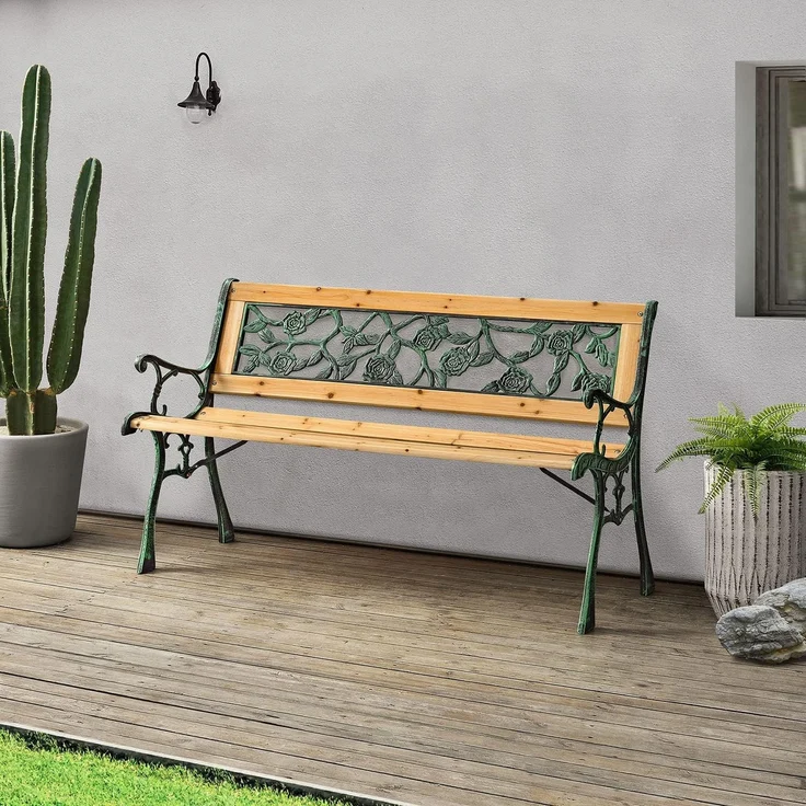 Juskys Gartenbank Venezia – 2-Sitzer Holzbank mit Armlehnen & Rückenlehne – wetterfeste Sitzbank 122x54x73 cm - Seitenelemente aus Gusseisen – Bild 2