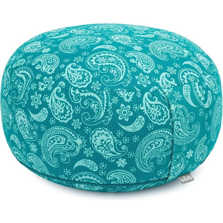 Bodhi Meditationskissen Rondo | Abnehmbarer Bezug aus 100% Baumwolle | Yogakissen mit Bio-Dinkelfüllung | Höhe 20 cm | Praktische Trageschlaufe | Maharaja Collection (Paisley/Petrol)