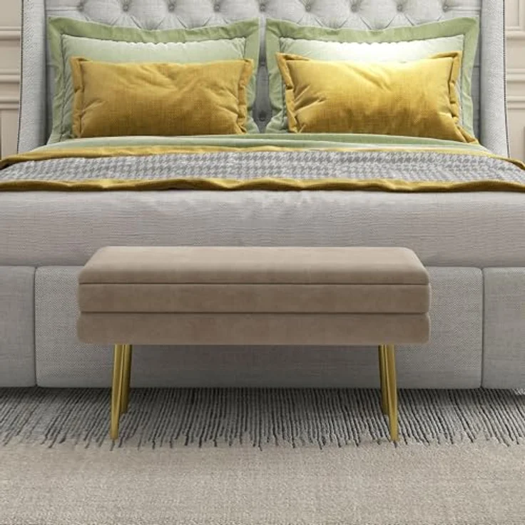 HOMCOM Sitzbank, Polsterbank mit Stauraum, Samtoptik, Bettbank mit Stahlbeine, Schuhbank, Aufbewahrungsbank für Wohnzimmer, Schlafzimmer, Beige, 79,5 x 37,5 x 43 cm – Bild 8