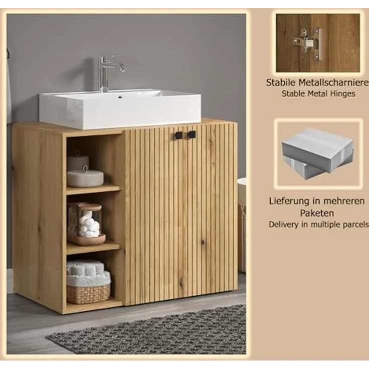 trendteam smart living - PureBliss - Hochschrank - Eiche - Breiter Badezimmerschrank mit Rillenoptik - (BxHxT) 70 x 186 x 31 cm - Badschrank mit edlen Metallgriffen - Praktisches offenes Fach – Bild 12