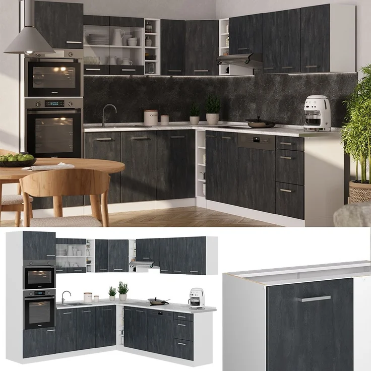 Eckküche R-Line Schwarz Beton/Weiß 247 x 60 cm AP Anthrazit Vicco – Bild 1