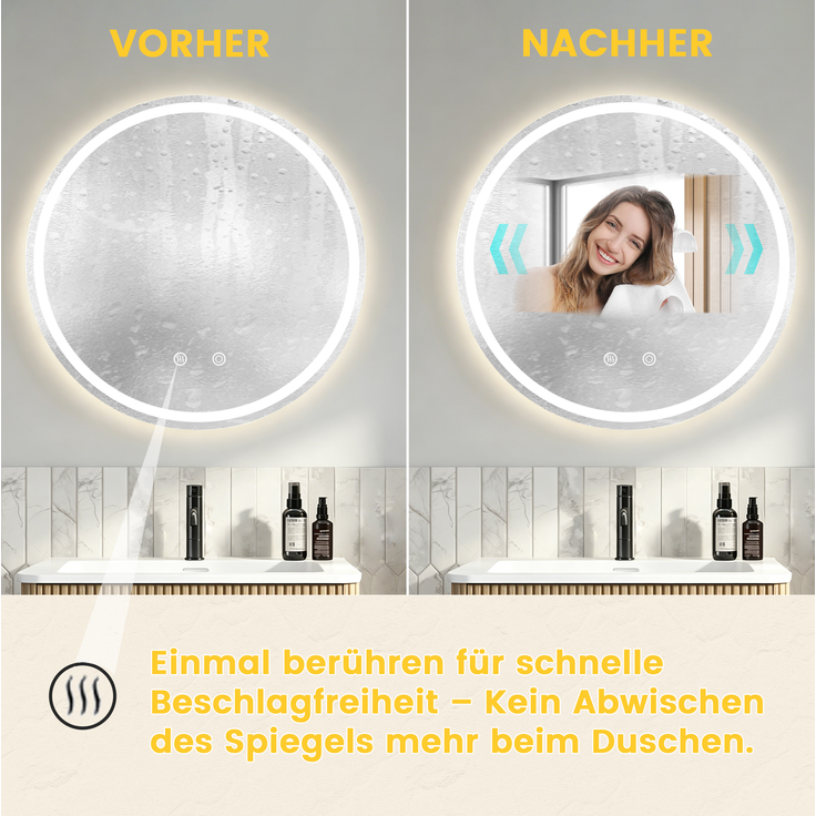 Badspiegel mit LED-Beleuchtung, dimmbar und beschlagfrei, 60x60 cm, Silber – Bild 4