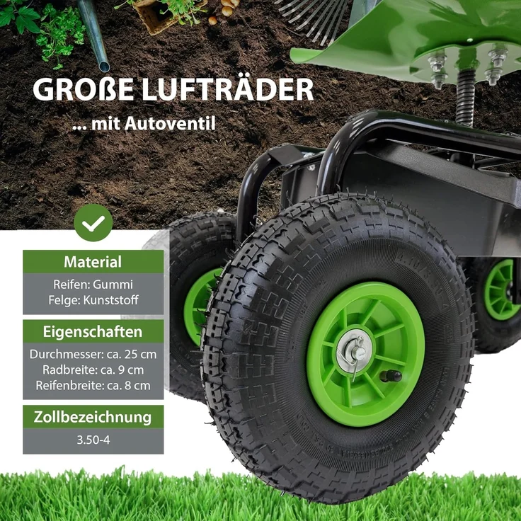 Gartenscooter mit Ablage Stahl 150 kg Sitzhöhe 44-52 cm Sitz 360° drehbar Lufträder in Schwarz-grün – Bild 5