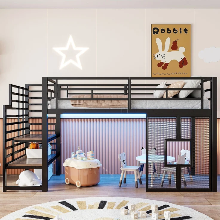 U-life Metall-Hochbett 90x200 cm mit Stauraumtreppe, LED-Beleuchtung und Fenster, Schwarz – Bild 3