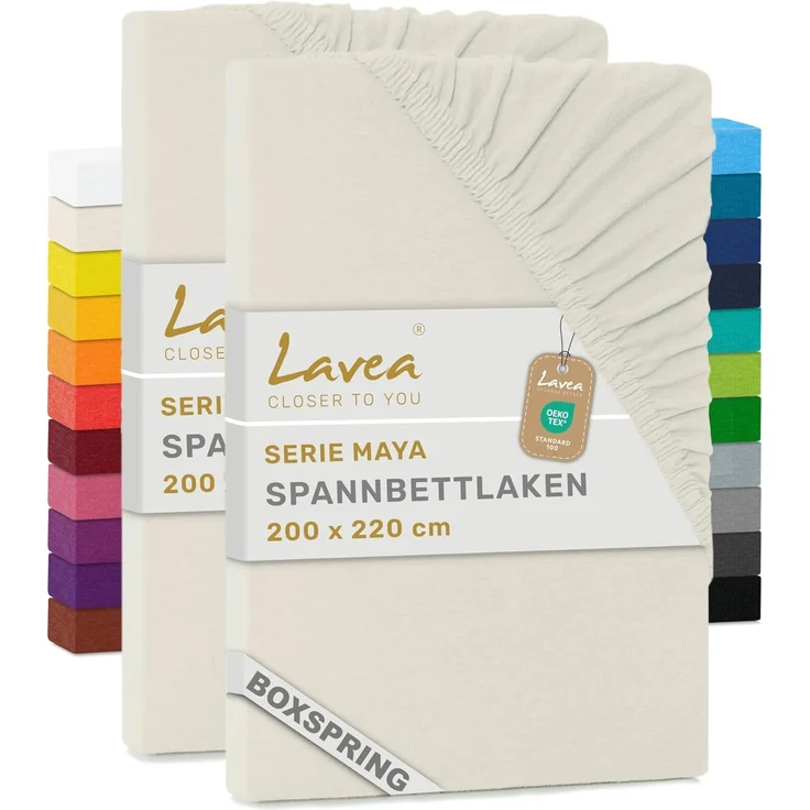 Lavea Spannbettlaken Maya, in Gr. 60x140, 90x200, 120x200, 140x200, 180x200 oder 200x220 cm, Baumwolle, Gummizug: rundum, (2 Stück), Jersey Spannbetttuch für Topper, Boxspring- und Wasserbetten