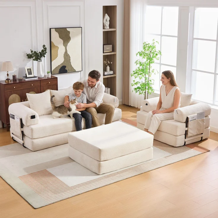 ZUBALIYA Ecksofa 94x67 cm, mit Ablageflächen, mit Cordbezug, mit breiten Armlehnen, modular aufgebaut, mit Schaumstoffpolsterung – Bild 3