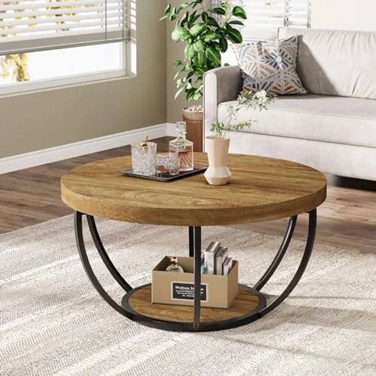 LITTLE TREE Runder Couchtisch, 81,3 cm, runder Couchtisch für Wohnzimmer, 2-stöckiger Holzakzent-Mitteltisch mit offenem Stauraum, Industrie-Design, Wohnmöbel, Hellbraun – Bild 1