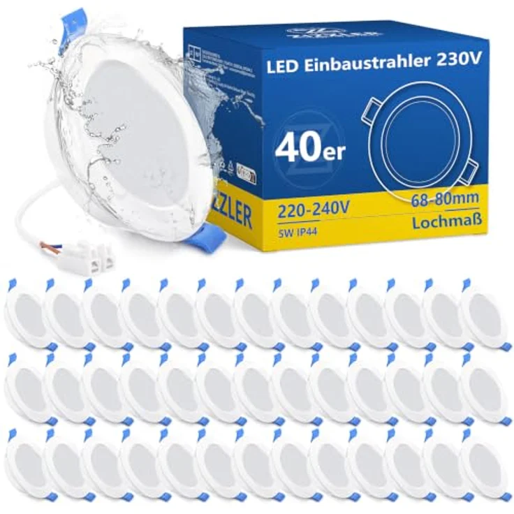 ZIZZLER 40er Set LED Einbaustrahler 230V, Flach 68-80mm, Kaltweiß 5W 6000K, IP44 für Badezimmer und Feuchträume – Bild 1