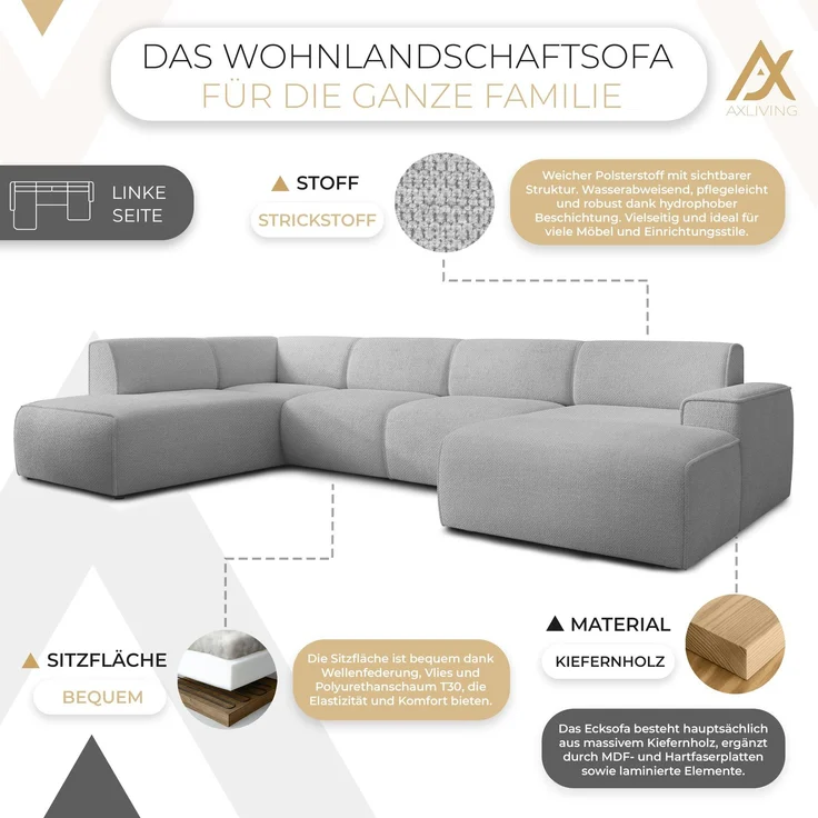AX LIVING XXL Sofa U Form Didim Hellgrau 378cm breit modern & großzügig L – Bild 5