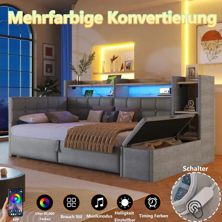 Stauraumbett mit LED-Beleuchtung, Bettkasten, Lattenrost, Regal und USB/Type-C Anschlüssen, 90x200 cm, Schlafsofa, Einzelbett, Jugendbett, Samt – Bild 6