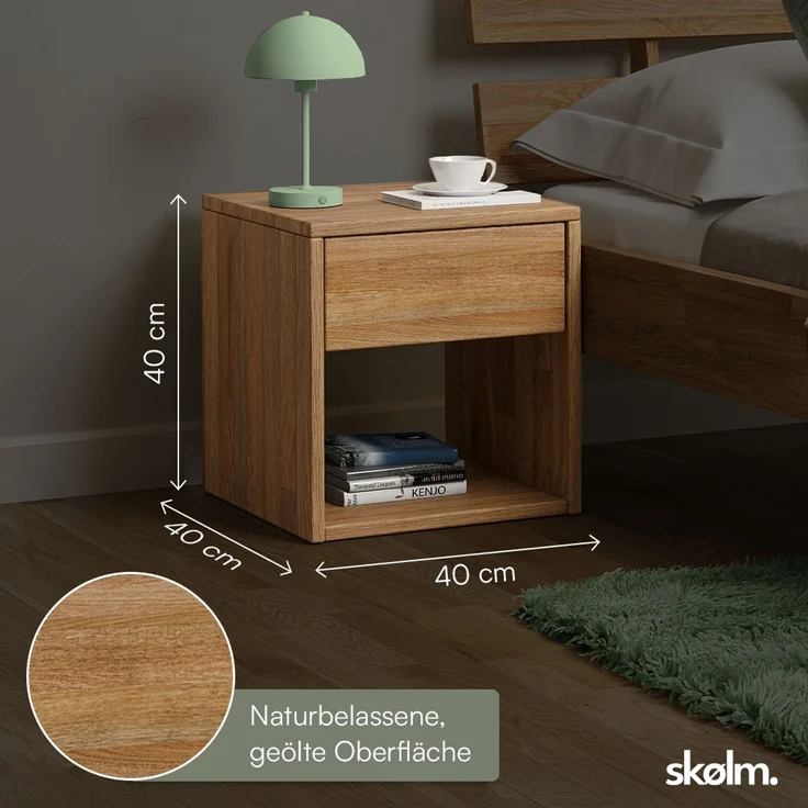 skølm 'Floki' Nachttisch, natur geölt, Massivholz Eiche, 40x40x40 cm, mit Schublade, 2er-Set – Bild 5