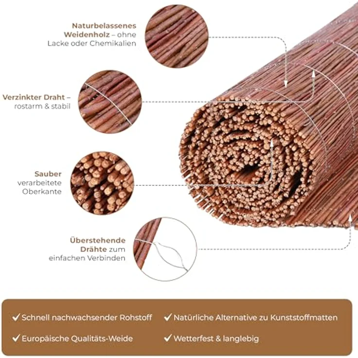 BOOGARDI Weidenmatte - 20 Größen - Weidenzaun 80 cm hoch x 300 cm lang - Sichtschutzmatte Balkonverkleidung Gartenzaun Sichtschutz Zaun Garten Balkon Sichtschutzzaun Holz Weide – Bild 6
