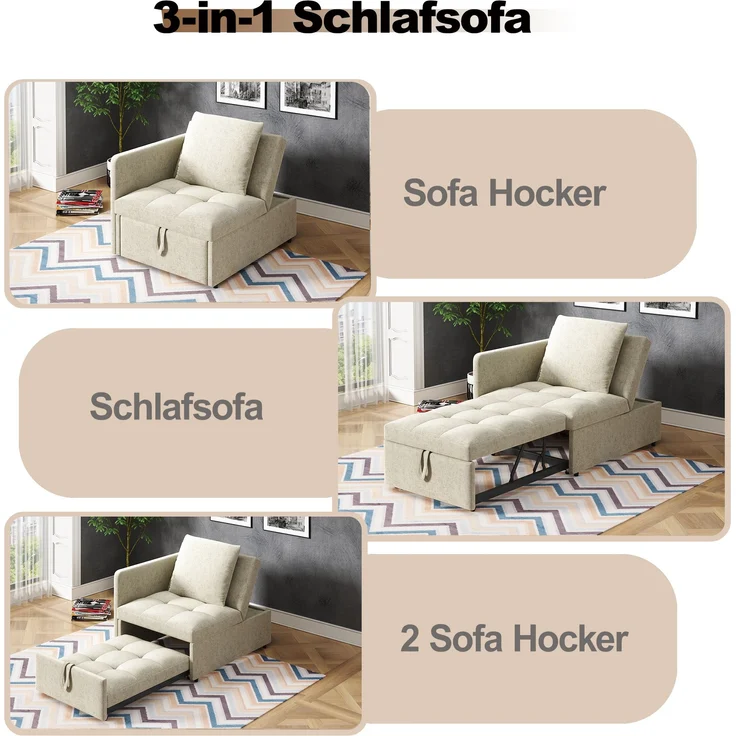 Schlafsofa 3-in-1 mit verstellbarer Rückenlehne, Leinen Beige, 177x68x65 cm – Bild 7
