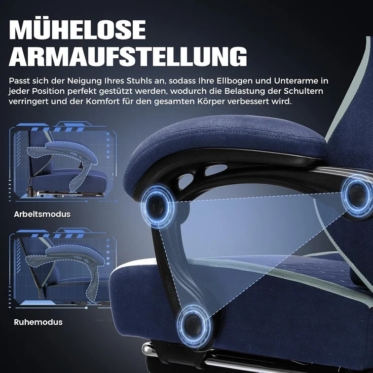 GTPLAYER Gaming Stuhl Ergonomischer, PC Stuhl Atmungsaktiver Stoff, Groß und Hoch Drehbarer Schreibtischstuhl mit Fußstütze,Verstellbare Lendenwirbelstütze und Kopfstütze,Blau – Bild 7