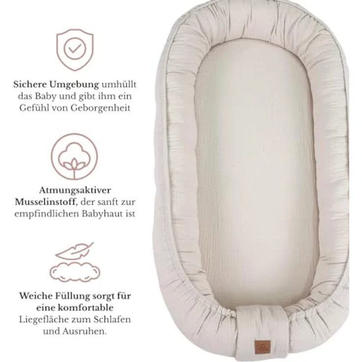 WIKLINOPOL Babynest, Nestchen für Neugeborene – Baby Nestchen 80x46 cm in Beige, Tragbares Nest aus Musselin - Baby Nest für Neugeborene mit herausnehmbarer Matratze – Bild 3