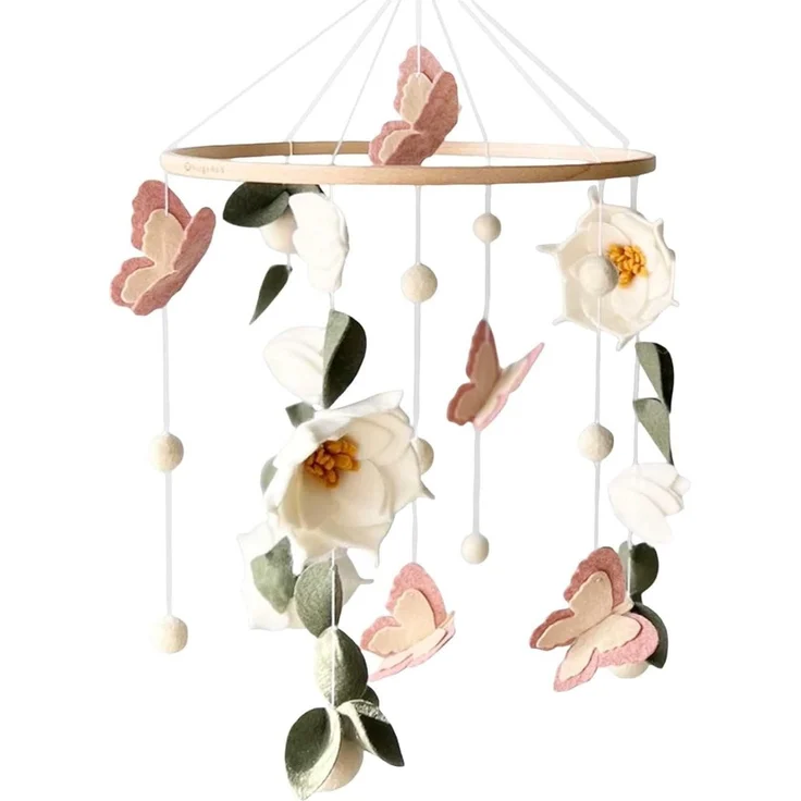 Blumen Schmetterling Mobile Baby Bettglocke mit Grüne Blätter Hölz Mädchen Hängende Mobile Windspiel für Babybett Kinderbett