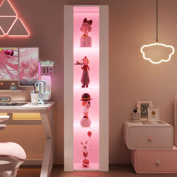 ZUBALIYA Vitrine, mit LED-Beleuchtung, mit App-Steuerung, mit Glasböden, wandmontierbar, H 170 × T 40 × B 29 cm, Weiß, Spanplatte – Bild 4