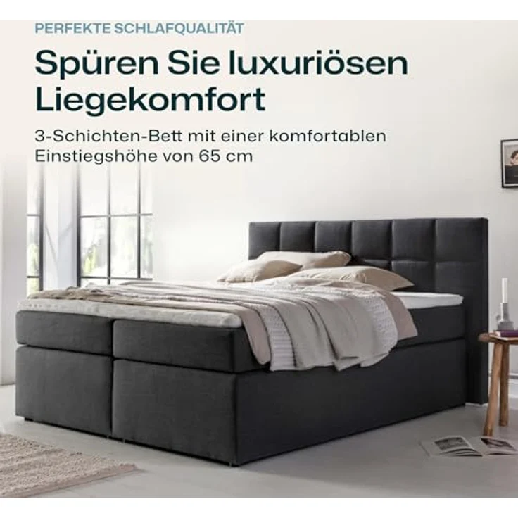 Möbelfreude Boxspringbett Boxspringbett Bea Hellgrau 200x200 cm H3, Hellgrau 200x200 cm H3 7-Zonen Taschenfederkern-Matratze + Bonell-Fede – Bild 4
