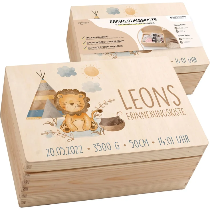 KIDSMOOD - Erinnerungsbox Baby, personalisierte Holzkiste mit Deckel, Ideal zur Aufbewahrung von Erinnerungen und als Geschenk zur Geburt, Taufe oder als Geburtstagsgeschenk für Mädchen und Jungen