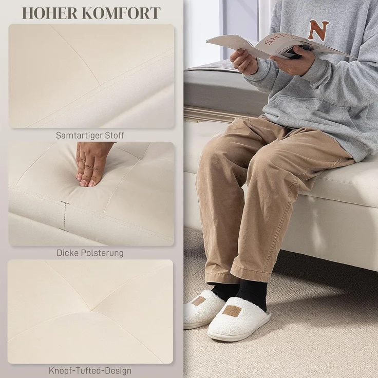 HOMCOM Sitzbank mit Gold-Ton Beine, Samtoptik, 120 x 44 x 44,5 cm (Polsterbank, 1-St, Bettbank), für Wohnzimmer, Beige – Bild 4