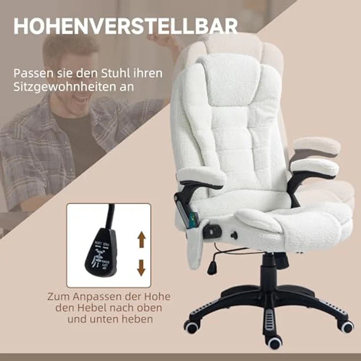 Vinsetto Schreibtischstuhl Bürostuhl mit Massagefunktion, mit Wärmefunktion, Chefsessel (Massagesessel, 1 St), für Wohnbereich, Weiß – Bild 6