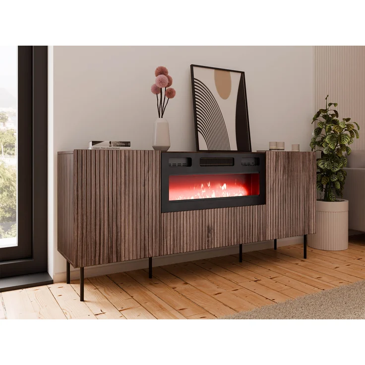 Mirjan24 'Trigev' Kommode mit 2 Drehtüren und Klappe, elektrischer Kamin, Laminatplatte nuss warmia, 81 x 42 x 181 cm – Bild 2