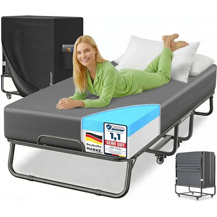 KESSER® Klappbett 200x90cm Gästebett inkl. Matratze aus Memory-Schaum & Rollen | faltbares Reisebett mit Metallrahmen für Erwachsene belastbar bis 250kg | Metallbett mit Schaumstoffmatratze & Cover Anthrazit, Deluxe Plus – Bild 1