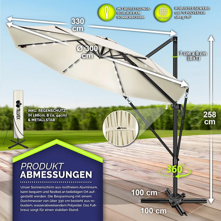 tillvex® Premium Alu Sonnenschirm 330 cm Beige + Abdeckung & Windsicherung | Ampelschirm 6-Fach Verstellbar mit Kurbel | Gartenschirm 360° Drehbar Neigbar Kippbar | Kurbelschirm UV50+ Groß wasserdicht – Bild 5