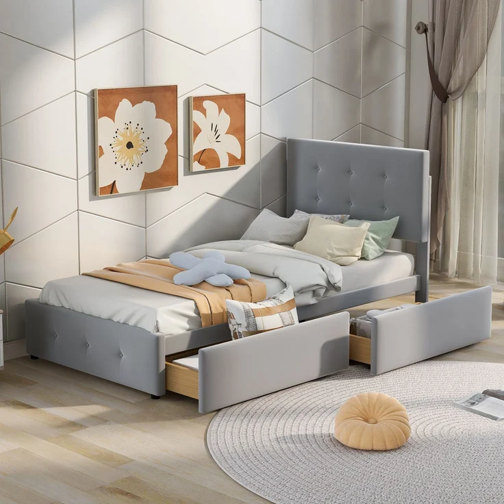 Polsterbett mit Stauraumschublade, Samtstoff, modernes Kinder- & Gästebett, robustes Lattenrost,Grau – Bild 1