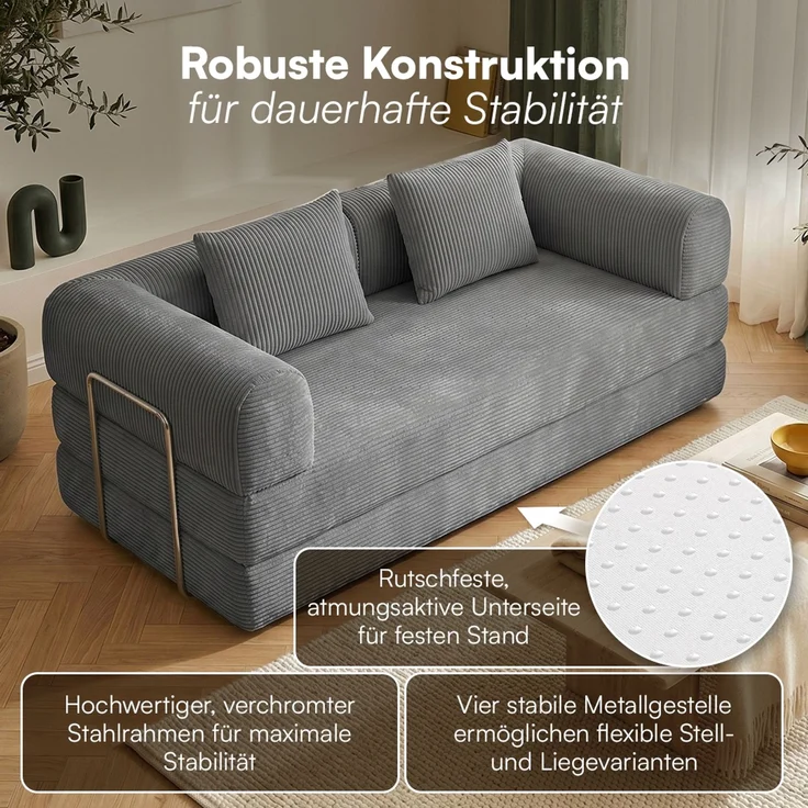 skølm 'Lofn' Modulares Sofa 2 Sitzer, 200x100 cm, Vollschaumcouch mit Metallgestell, Cord dunkelgrau, Schlafsofa vakuumverpackt, kein Aufbau erforderlich – Bild 6