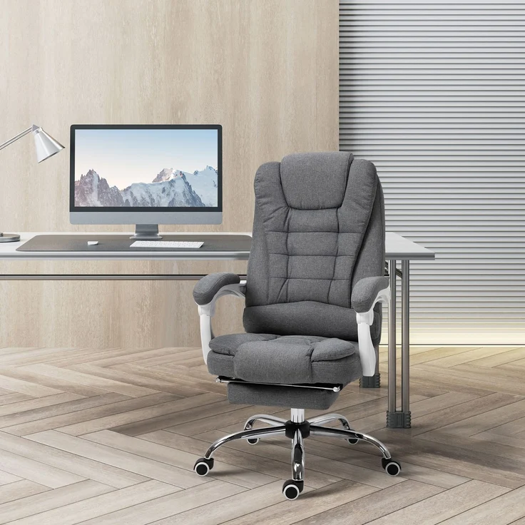 MELAYR, Bürostuhl mit ausklappbarer Fußstütze, Chefsessel, verstellbare Rückenlehne, Leinenoptik, Grau, 65 x 70 x 118 cm – Bild 4