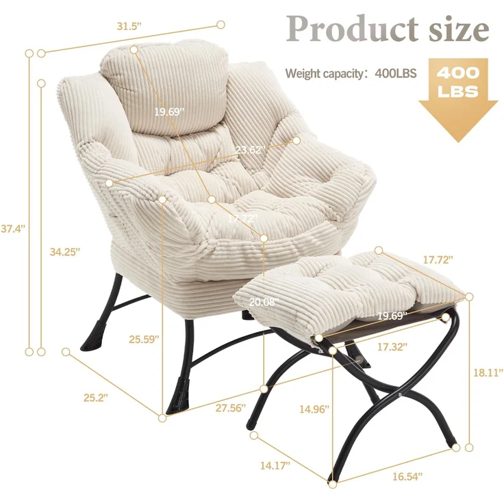 LVHOM Relaxsessel mit Hocker, Loungesessel mit Seitentasche, Lesesessel aus Cordstoff, bequem gepolstert, Metallgestell, bis 180kg belastbar, Weiß – Bild 7
